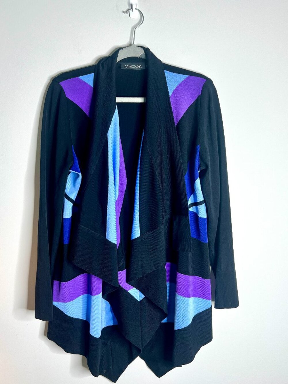 Misook Open-Front Colorblock Waterfall Cardigan Liquid Knit Geometric Print Sz M